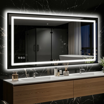 LED Bathroom Mirror with Lights, Vanity Mirror for Wall with Black Frame, Touch Control, Anti-Fog, Dimmable Lights, Shatter-Proof, Memory Function, Wall-Mounted Vanity Mirrors