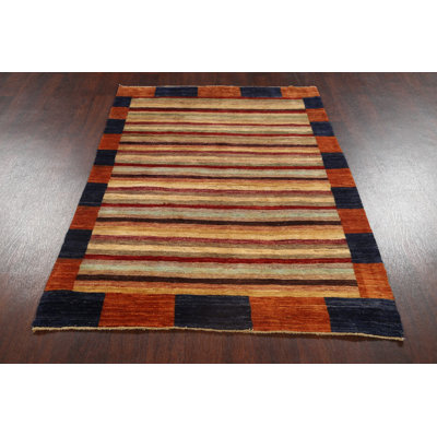 Tapis orange / bleu en laine noué à la main de conception unique 4 pi 3 po x 6 pi 3 po New Age