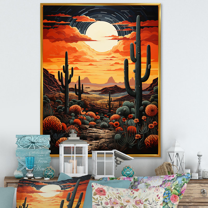 Ballyclare, orange, jaune, cactus, désert, coucher de soleil, Saguaro - Cactus, art mural encadré, H 32 po x l 16 po x P 1 po