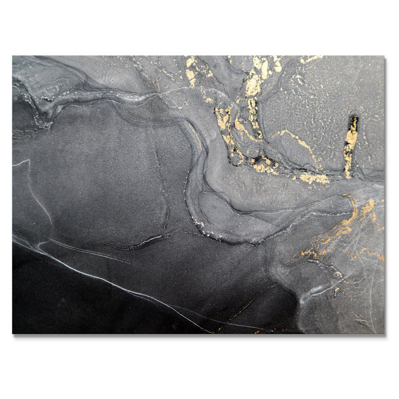 Gloden - Marbre noir et gris, ondulations V - œuvre d'art moderne sur toile, H 16 po x l 32 po, Toile tendue