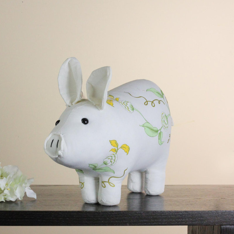 13.25" White Soft Green and Yellow Floral Pig Spring Tabletop Decoration