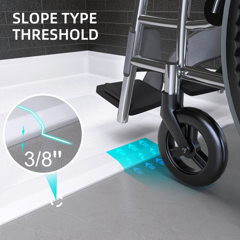 62"Wx38"D ADA Handicapped Acrylic Barrier Free Shower Base Rectangular Glossy White With Center Drain