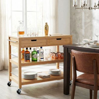 Chariot-bar d'intérieur multifonctionnel en bambou naturel avec roues verrouillables