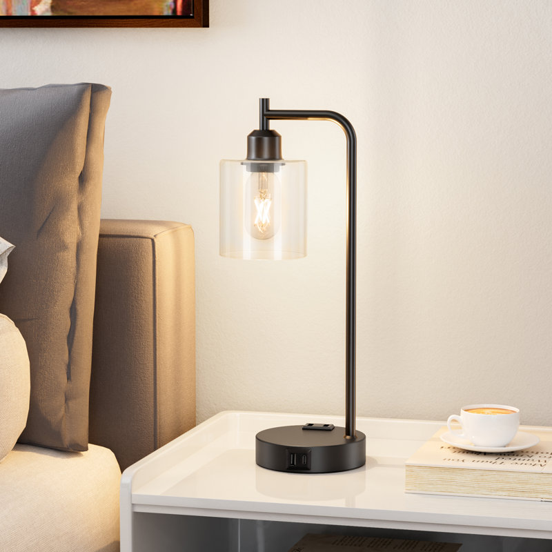 16.5'' Industrial Table Lamp with Glass Shade, 3-Way Dimming, AC Outlet, USB A&C