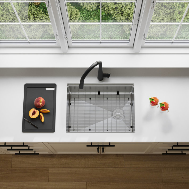 Undermount 25 inch Stainless Steel Single Bowl Workstation Kitchen Sink with Black Accessories