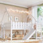 Lit mezzanine double pleine grandeur pour enfants avec glissade, escalier, tablettes de rangement, lumières DEL et garde-corps ronds, blanc-133665518-133665519
