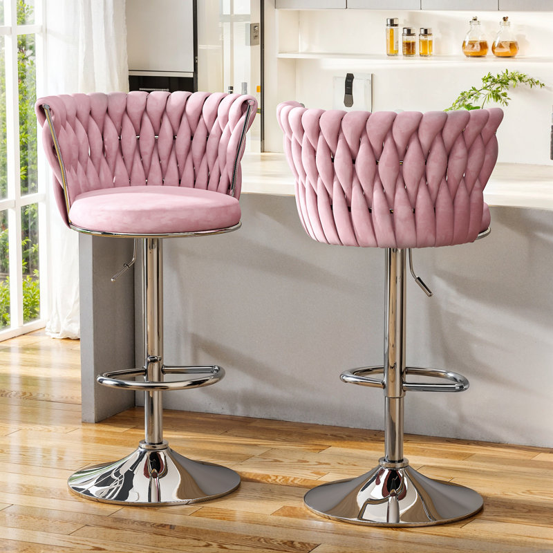 2 chaises de bar roses: dossier tissé, hauteur réglable, rotation à 360 degrés, repose-pieds stable, base circulaire en métal