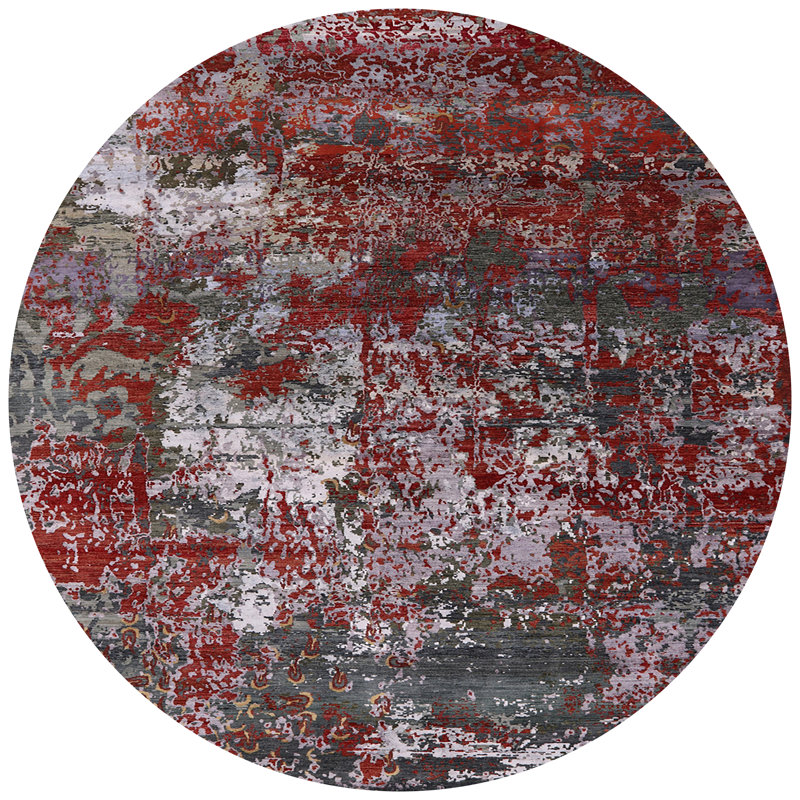 Tapis rouge / gris à motif abstrait Otteridge, Rond 4 pi