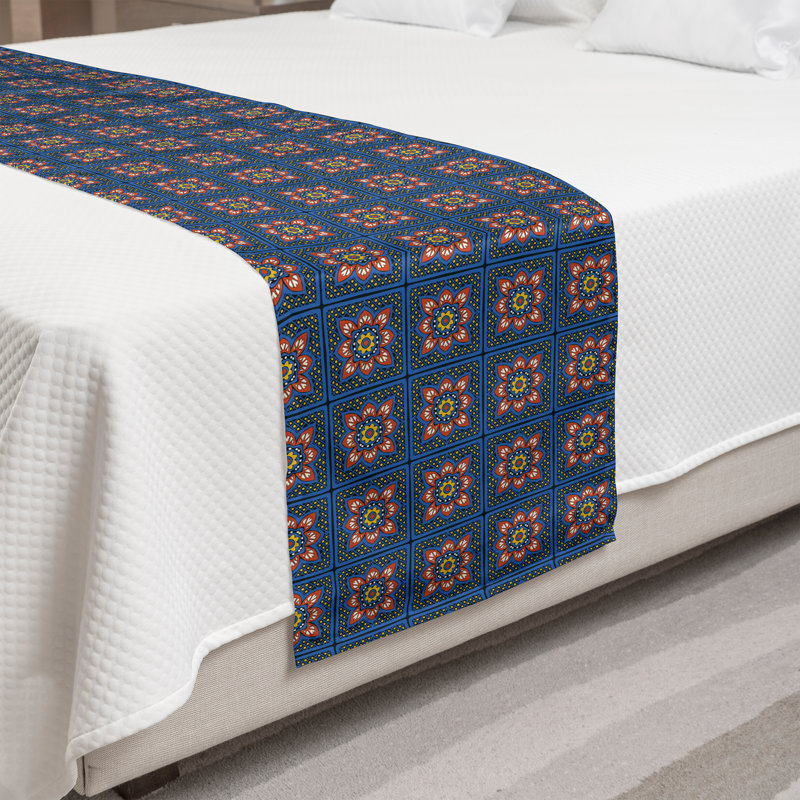 Chemin de lit Ambesonne Boho Talavera carrés et fleurs corail bleu ciel foncé, Très grand lit
