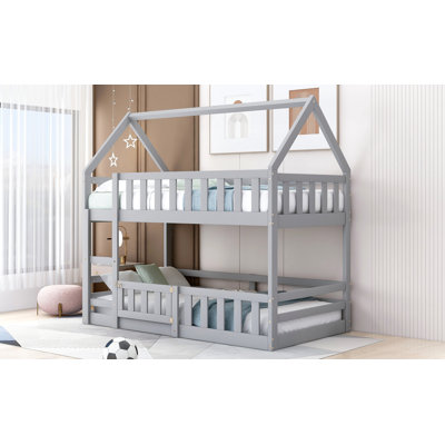 Twin Over Twin House Bunk Bed With Fence And Door