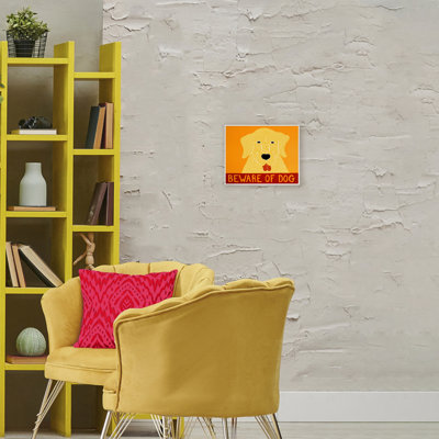 Beware Of Dog Yellow & Red Framed Giclee, design by Stephen Huneck