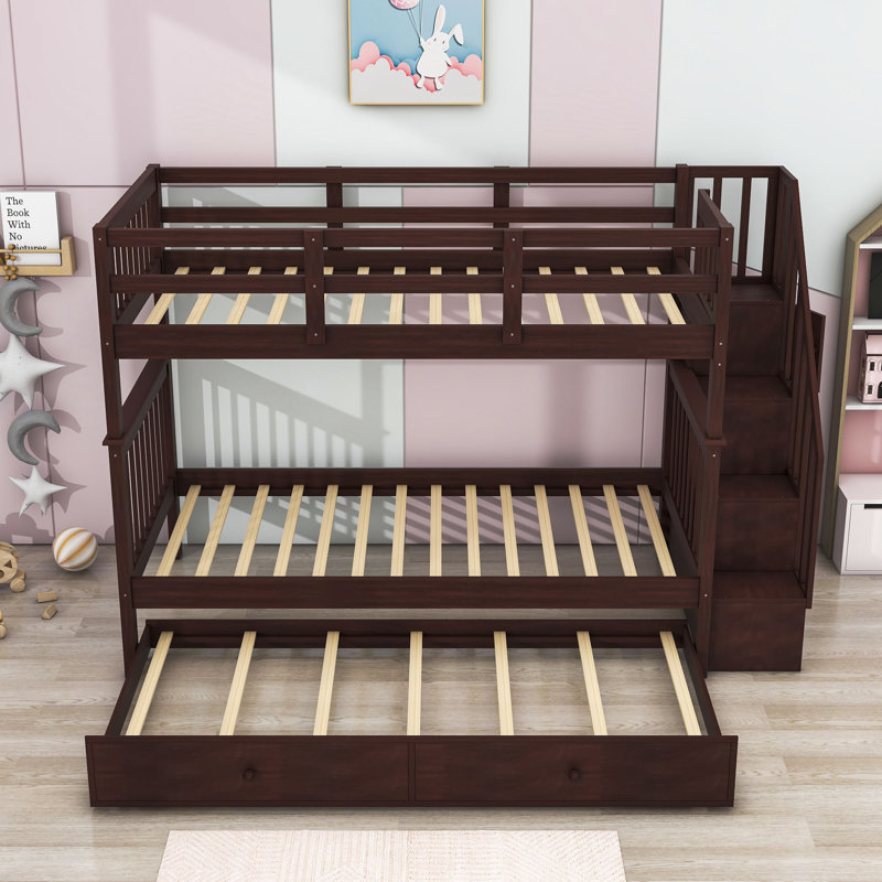 Disdier Kids Twin Over Twin Bunk Bed with Trundle, Espresso