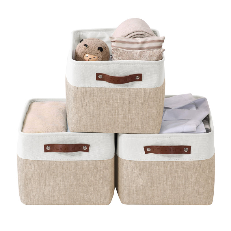Foldable Fabric Storage Bin, Beige/White, 6