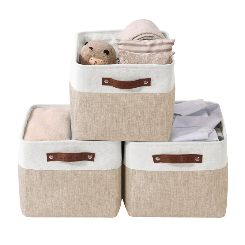 Foldable Fabric Storage Bin, Beige/White, 3