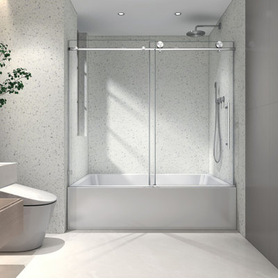 55 to 60 in. W x 63 in. H Sliding Frameless Tub Door with 5/16 Inch (8mm) Thick Tampered Glass