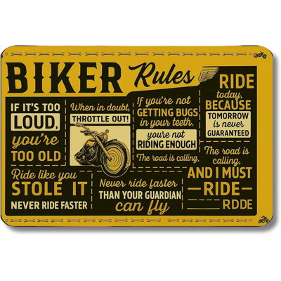 Biker Rules Metal Poster by DC | Vintage Tin Sign Wall Art for Indoor Use | 12x8" Rust-Free Aluminum Decor for Garage | UV Protected & Weatherproof Print | Made in USA