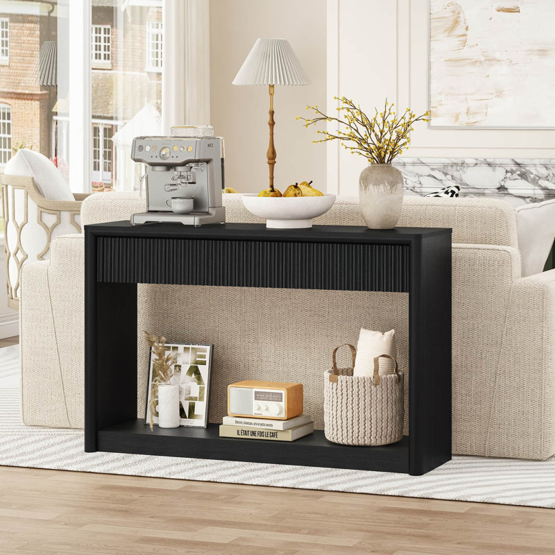 47.36" Wave-Pattern Console Table with 2 Drawers, Wooden Sofa Table for Living Room, Entryway, Bedroom, Black
