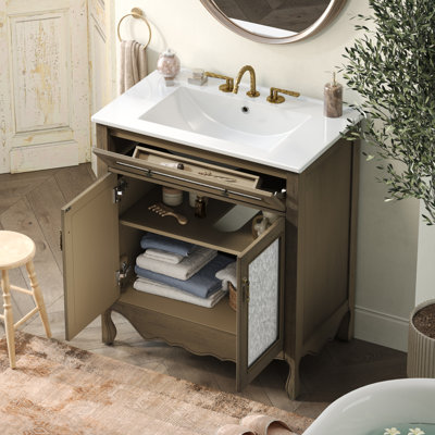 30" Antique Pattern Bathroom Vanity with Ceramic Sink, Vintage Light Brown Wood Frame and Tip-Out Tray