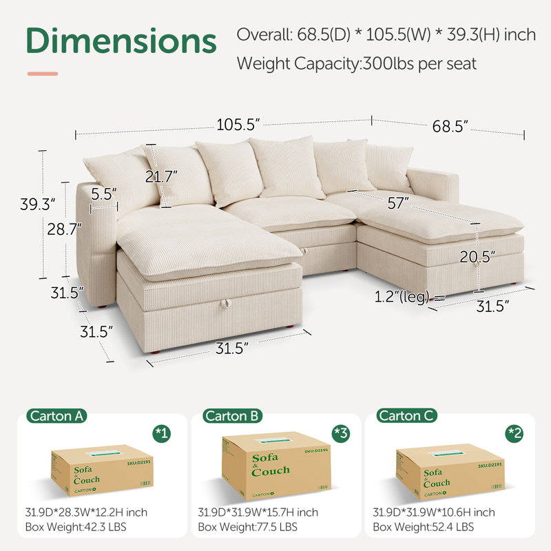 Canapé modulaire en U avec rangement Wynter, Velours côtelé beige