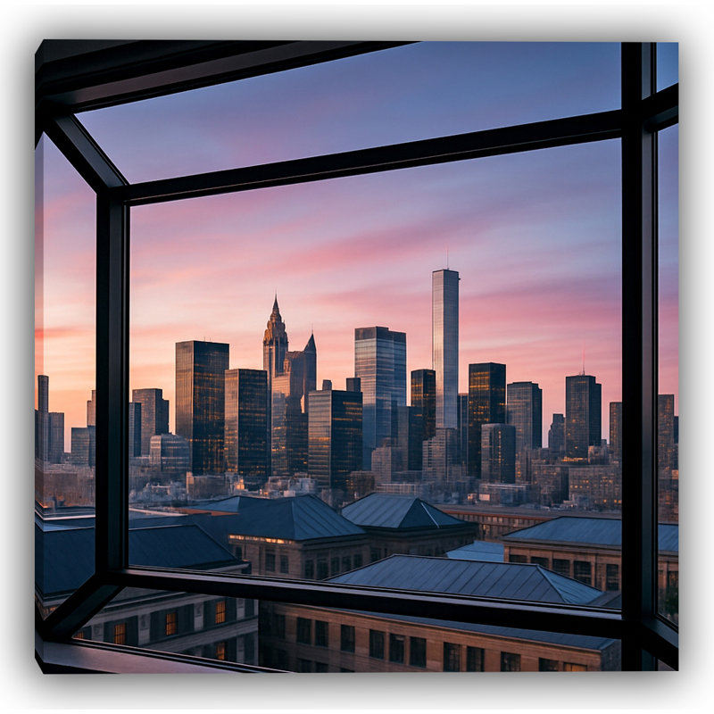 Skylinescape - Vue panoramique encadrée du centre-ville de New York avec une lueur coucher de soleil