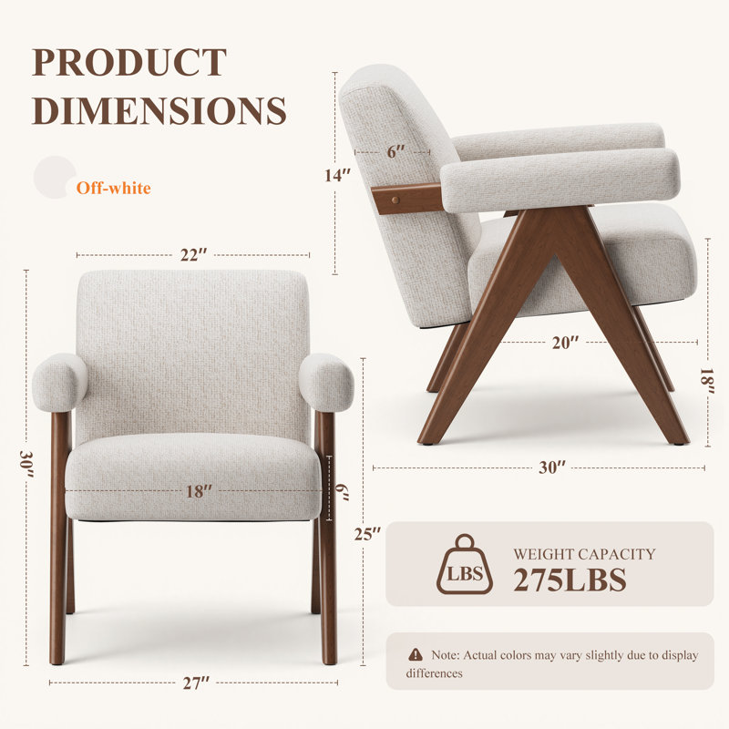 Modern Linen Upholstered Accent ArmChair with Solid Wood Legs and Padded Armrests, Beige