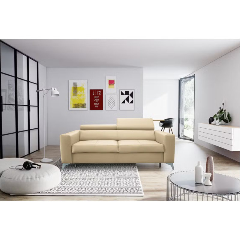 Lucy Genuine Leather Fold Out Sofa with Mattress and Adjustable Headrests, Beige