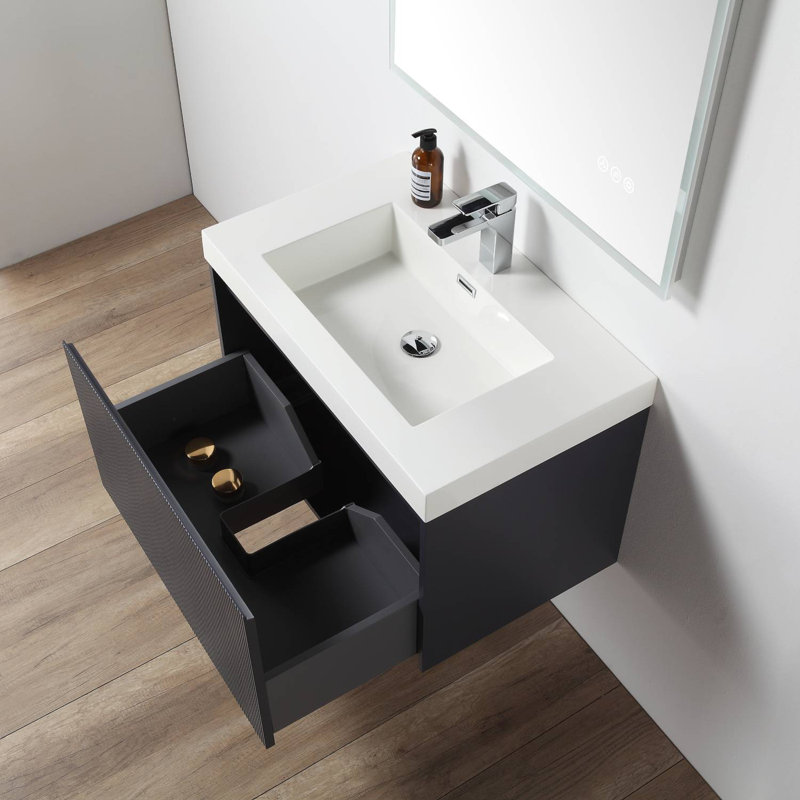 Ledell 30'' Wall-Mounted Bathroom Vanity with Acrylic Sink and Side Cabinet – Fluted Front, Soft-Close Drawers, Night Blue
