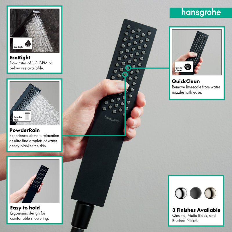 hansgrohe Pulsify E Baton Handshower 100 1-Jet, 2.5 GPM, Matte Black, 1.75 GPM