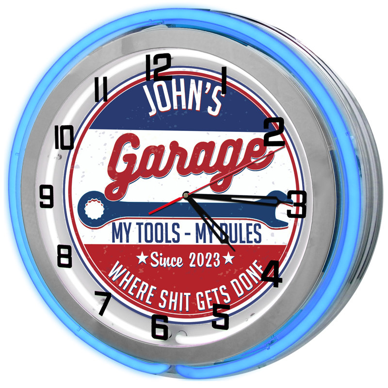 Customized 18.75" Red Neon Tool Rules Garage Wall Clock, Blue