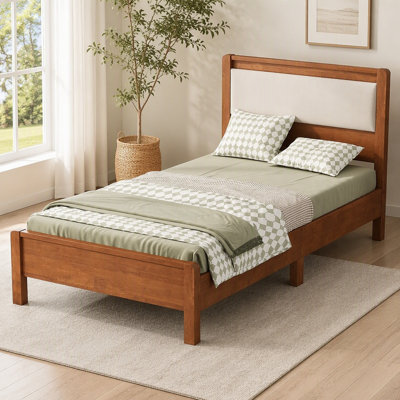 Lit simple en bois d'hévéa massif avec tête de lit rembourrée, taille simple TG, renforcé par des pieds de soutien centraux, brun