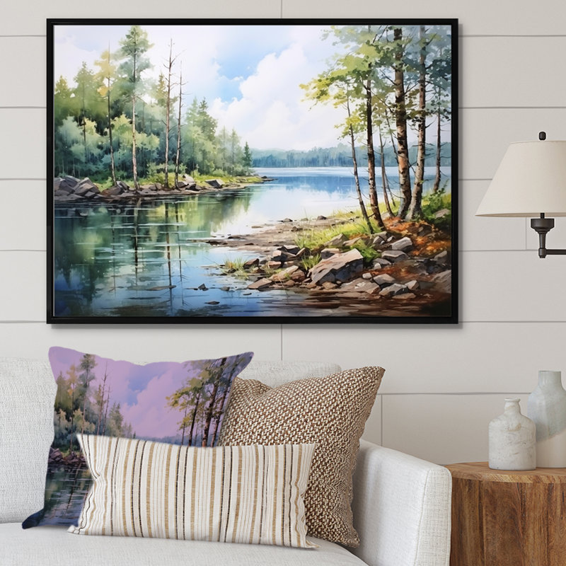 «Lakes Rivers Scandinavian Tranquility I», reproduction sur toile, H 16 po x l 32 po x P 1 po, Cadre flottant noir