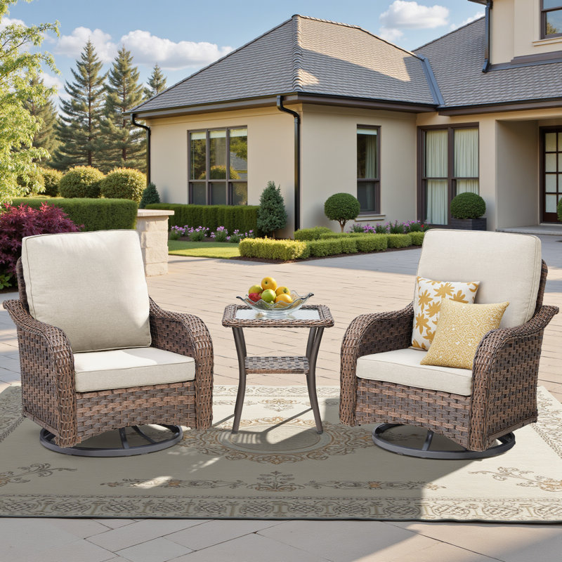 Ensemble de chaises de patio pivotantes en osier - Chaise berçante pivotante d'extérieur avec table d'appoint, Beige