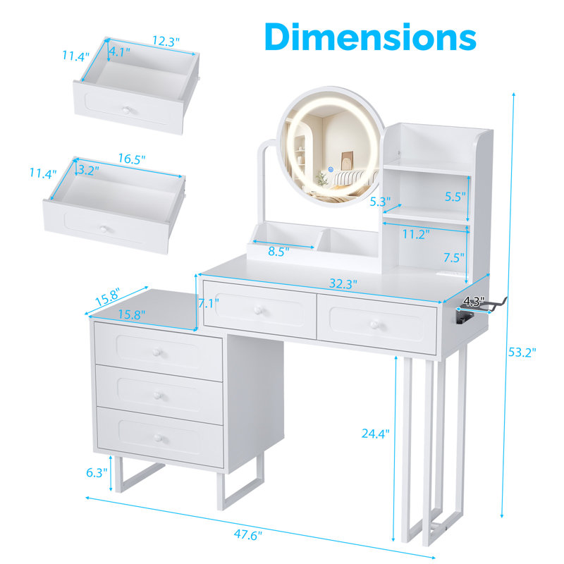 Lighted Vanity Table - LED 3-Color Dimmable Touch Mirror, 5 Drawers, Power Strip, White/White
