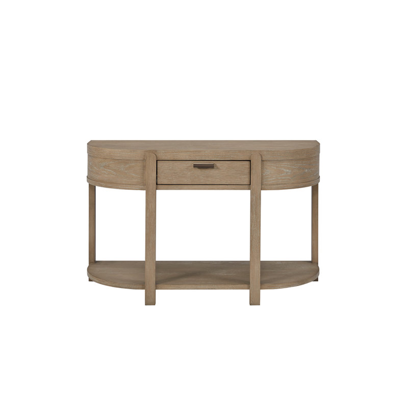 Console courbée à un seul tiroir au fini caramel élégant, avec un bord avant arrondi et des côtés subtilement effilés, une fermeture en douceur pour les petits articles essentiels, une tablette ouverte, une table de salon de 48,5 de largeur