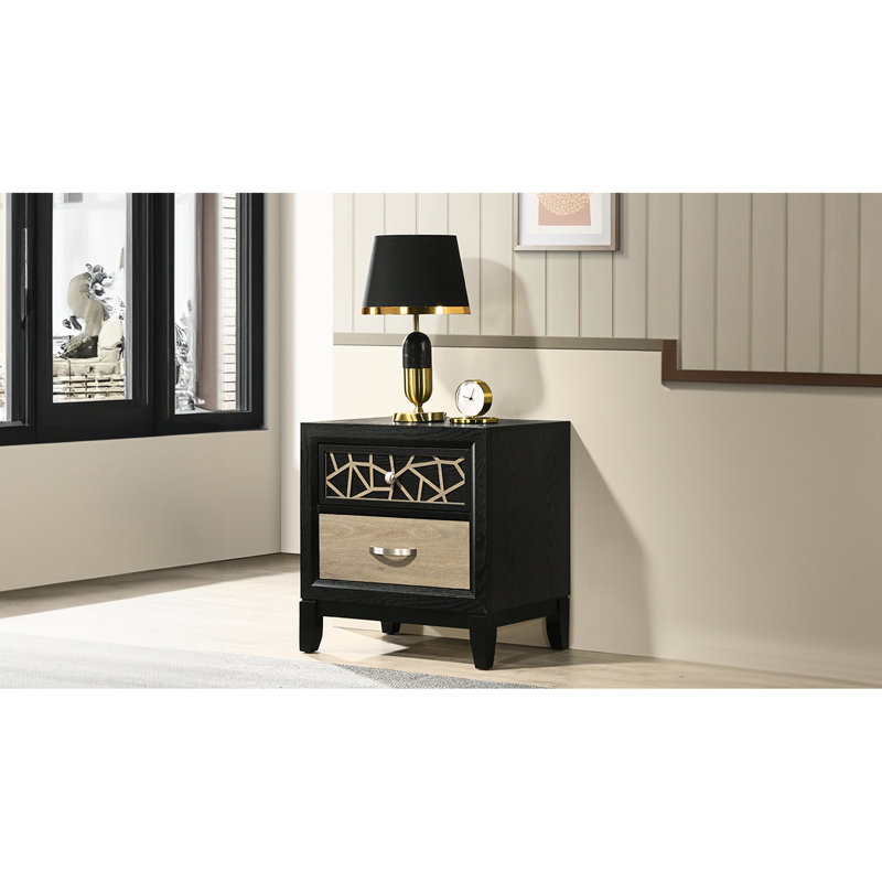 Table de chevet contemporaine en bois avec deux tiroirs de teinte noire et naturelle 2