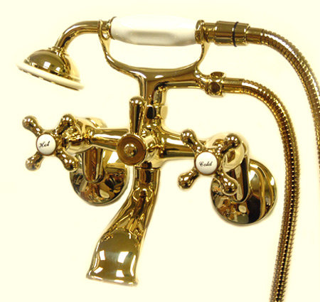 Triple Handle Wall Mounted Clawfoot Tub Faucet, Polished Brass