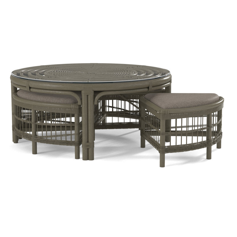 Raffles Rattan Cocktail Table with Benches, Stone Hearth, Blue Buffalo Check; 0120-61