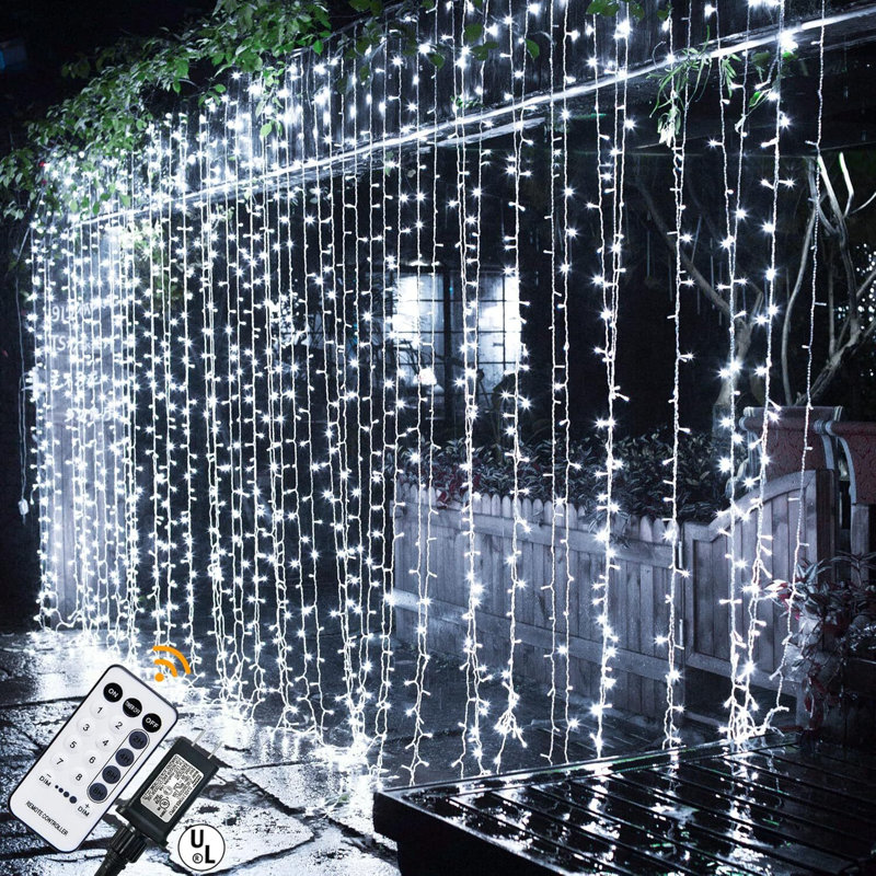 304 LED Curtain Plug in String Lights, 8 Modes with Remote Contro, Cool White