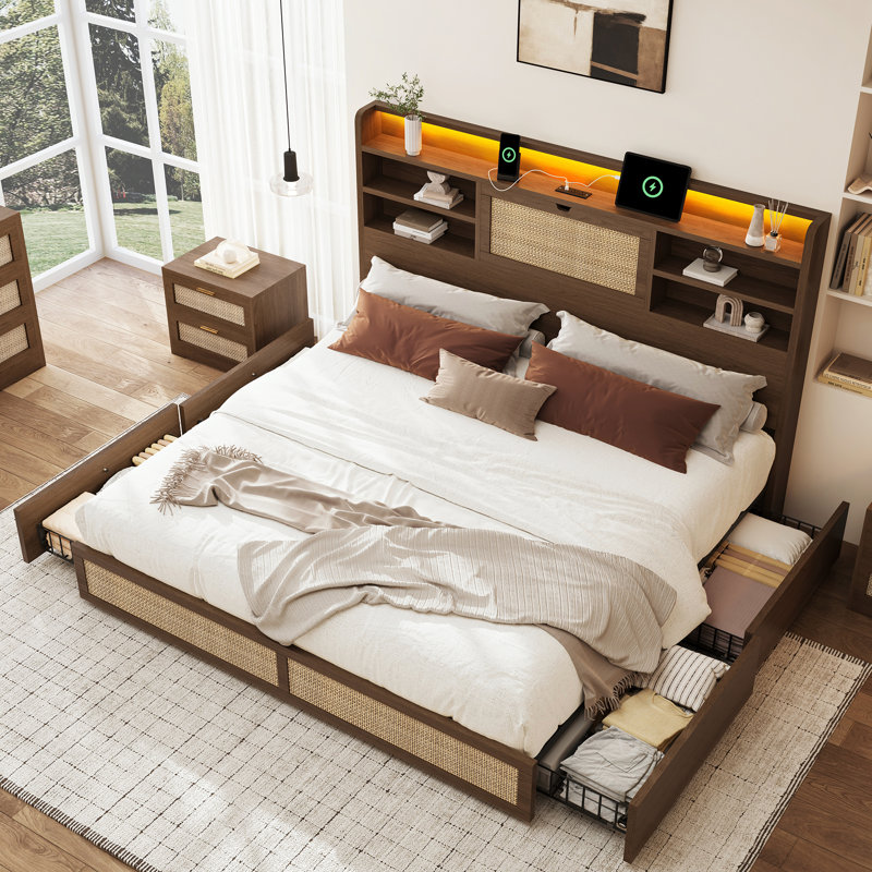 Bed Frame With 4 Drawers For Storage, A Rattan Bedside Storage Cabinet That Flips Down, An Inbuilt Charging Station And Led Lights