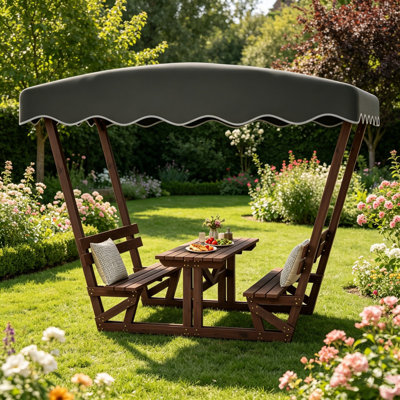 Ensemble de table de pique-nique et de banc en bois massif imperméable pour 4 à 6 personnes avec auvent amovible - convient aux patios, aux jardins, aux terrasses, aux parcs et aux plages