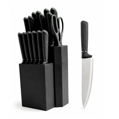 Ensemble de 18 couteaux HEESEM en acier inoxydable avec bloc en plastique, manches ergonomiques et ciseaux de cuisine, noir
