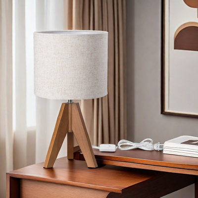 Petite lampe de table à trépied en bois 14,2 "pour chambre à coucher, lampe de chevet Boho avec abat-jour beige en lin