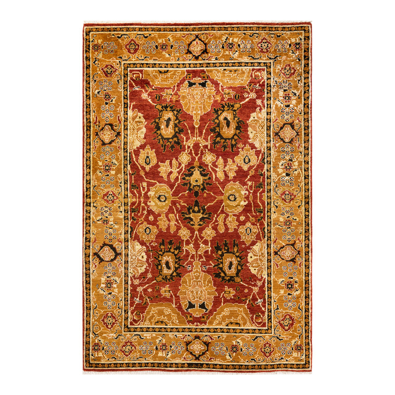 Tapis orange / rouge / noir en laine noué à la main de conception unique 4 pi 7 po x 7 pi 7 po New Age