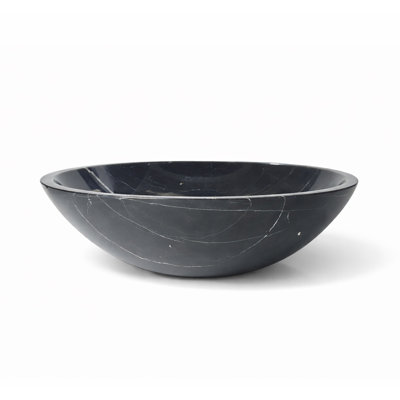 17" Round Black Marble Vessel Sink – Natural Black Marquina Stone Above Counter Bathroom Basin – Hand Polished Vanity Sink