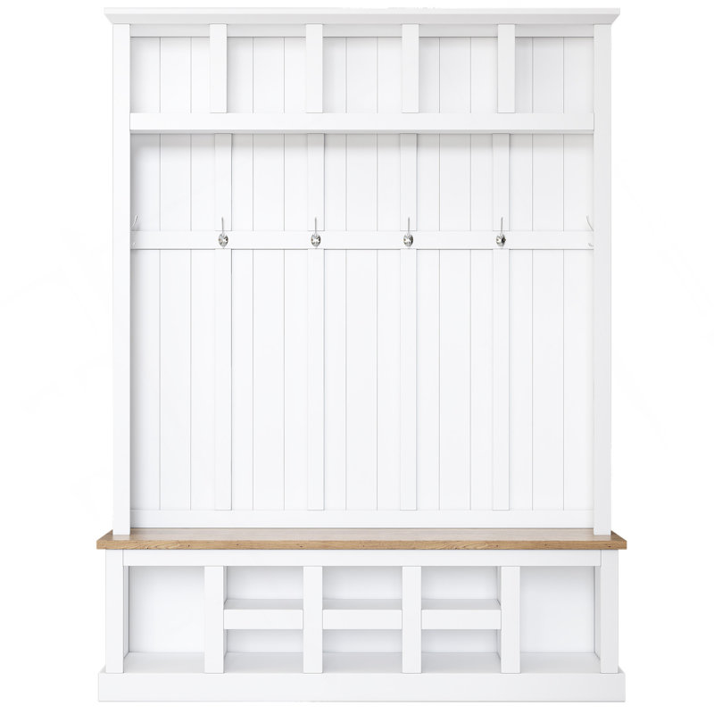 Farmhouse Wooden Style 78''H Hall Tree With Wide Storage Seating Bench, Entryway Shoe Cabinet With 13 Compartments, Elegant Coat Rack With 6 Hooks For Mudroom, Living Room, White