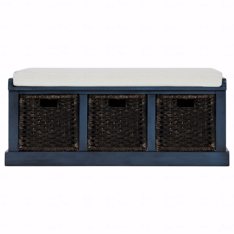 Banc de rangement rustique avec 3 paniers en rotin classiques amovibles, banc d'entrée avec coussin amovible, Bleu