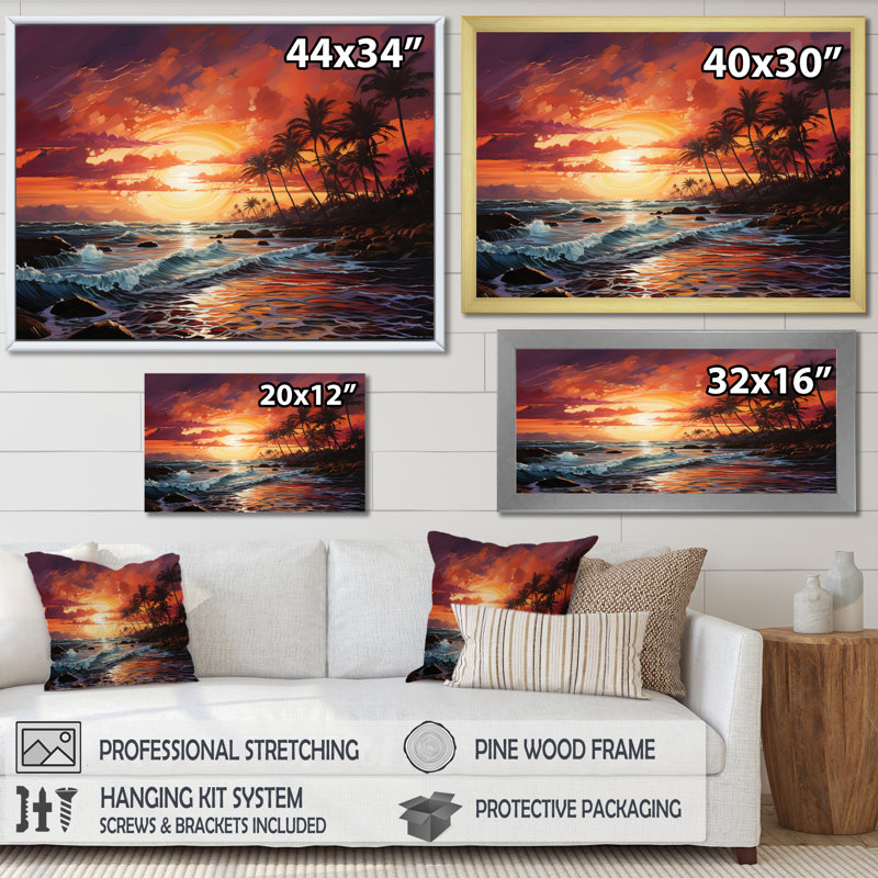 Palmiers sur un coucher de soleil coloré III - impression, Cadre naturel flottant, H 34 po x l 44 po x P 1,5 po