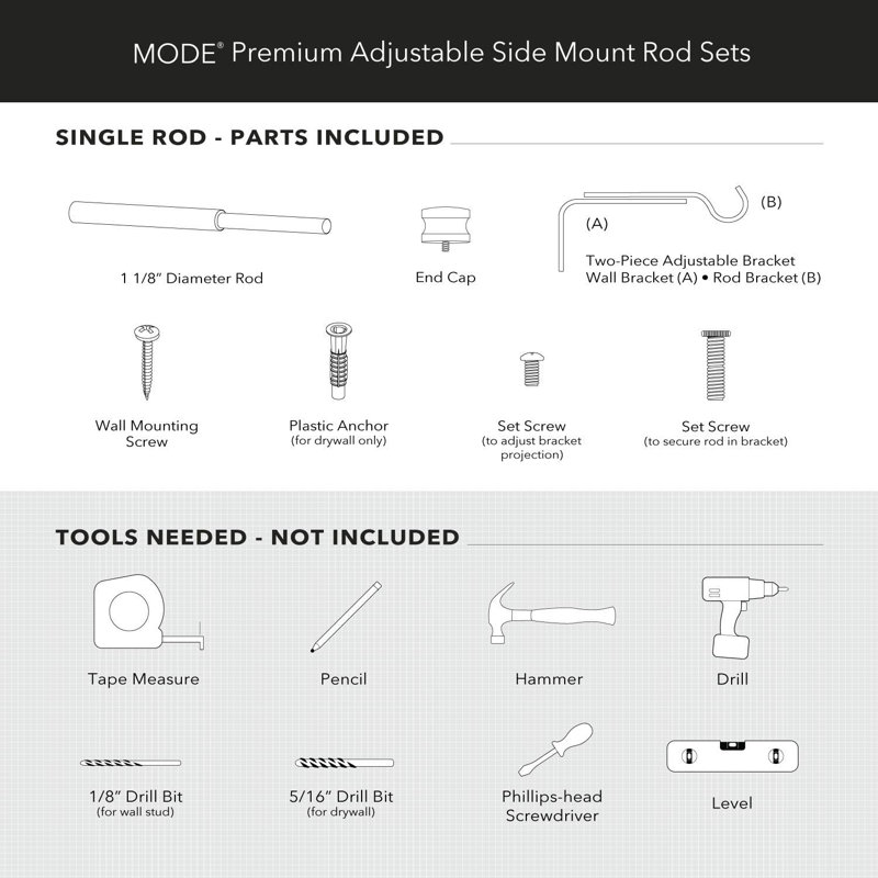 Mode Premium Collection Side Mount 1 1/8 in Diameter Curtain Rod with Graphite End Cap Finials And Steel Wall Mounted 12 in to 20 in Adjustable Curtain Rods (Set of 2)