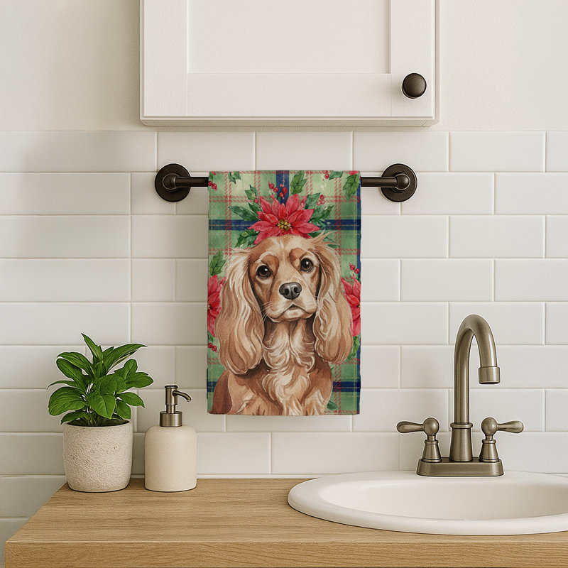 Ruby Cavalier Spaniel Christmas PoinsettIas Kitchen Towel, Ruby Cavalier Spaniel