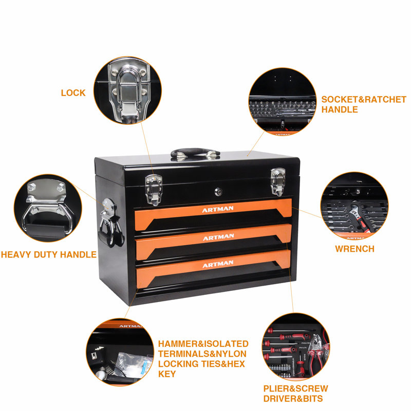 Heavy Duty Black and Orange 3-Drawer Steel Tool Chest